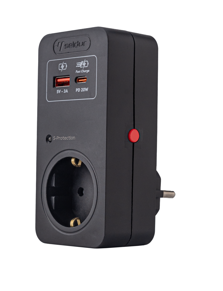 USB Hızlı Şarjlı, Şok ve Akım Korumalı Fiş-Priz (720J), ÇK, Siyah