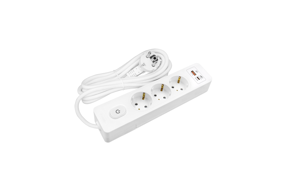 Üçlü Anahtarlı USB Hızlı Şarjlı (20W) Topraklı Priz, 2m ÇK, Beyaz