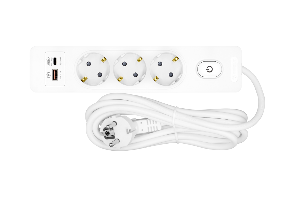 Üçlü Anahtarlı USB Hızlı Şarjlı (20W) Topraklı Priz, 2m ÇK, Beyaz