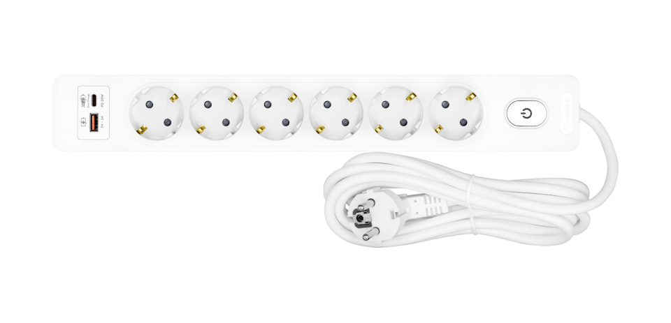 Altılı Anahtarlı USB Hızlı Şarjlı (20W) Topraklı Priz, 2m, ÇK, Beyaz