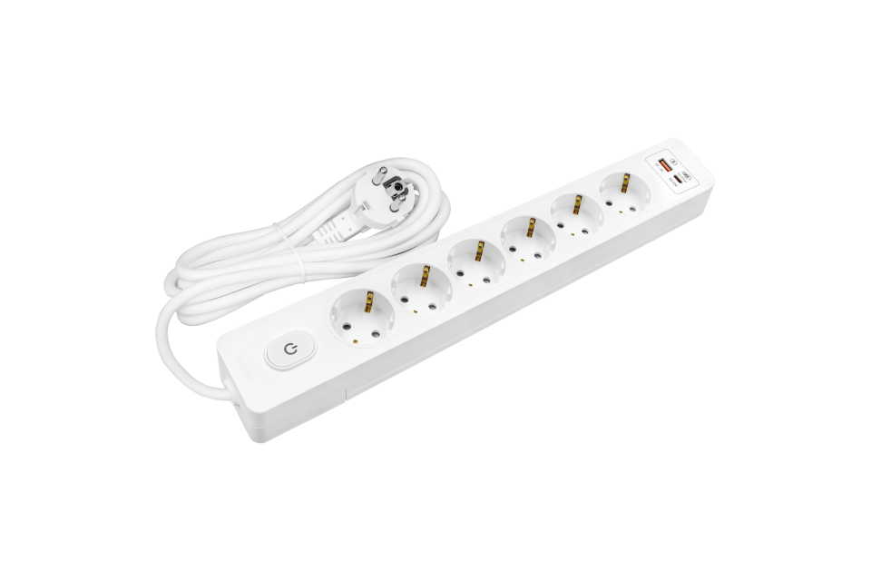 Altılı Anahtarlı USB Hızlı Şarjlı (20W) Topraklı Priz, 3m, ÇK, Beyaz