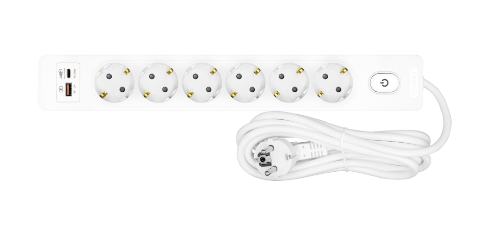 Altılı Anahtarlı USB Hızlı Şarjlı (20W) Topraklı Priz, 5m, ÇK, Beyaz