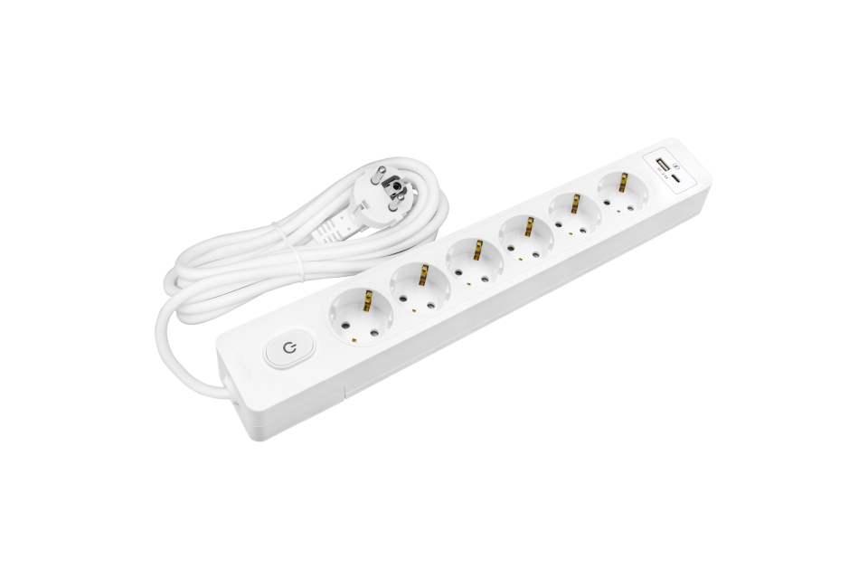 Altılı Anahtarlı USB Şarjlı (12W) Topraklı Priz, 2m, ÇK, Beyaz