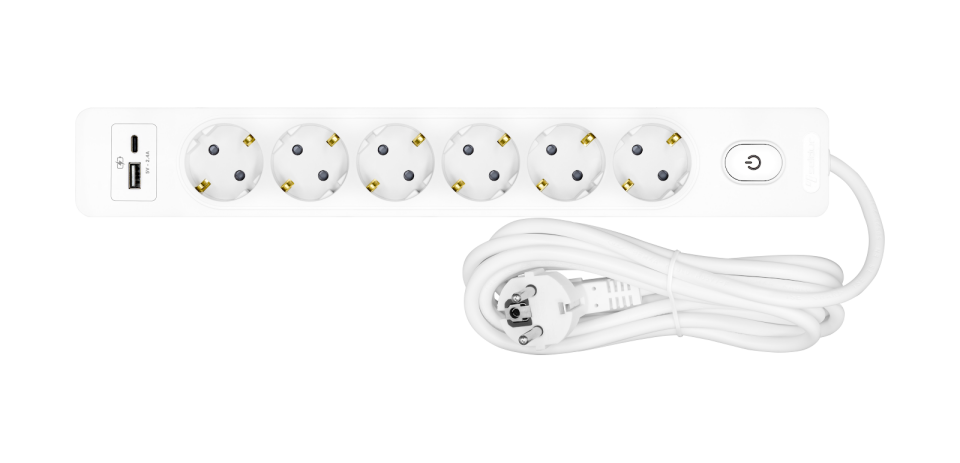 Altılı Anahtarlı USB Şarjlı (12W) Topraklı Priz, 3m, ÇK, Beyaz