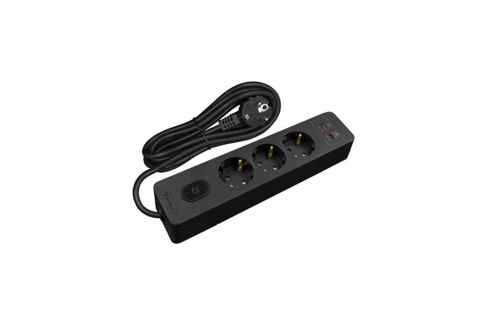 Üçlü Anahtarlı USB Hızlı Şarjlı (20W) Topraklı Priz, 3m ÇK, Siyah