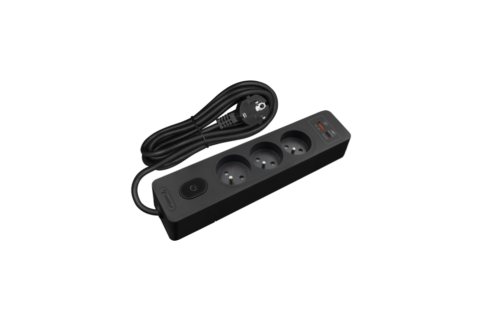 Üçlü Anahtarlı USB Hızlı Şarjlı (20W) UPS Topraklı Priz, 3m, ÇK, Siyah