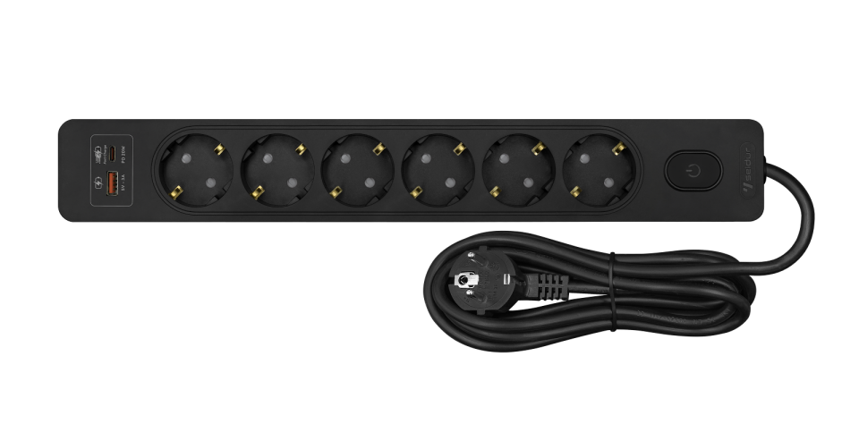 Altılı Anahtarlı USB Hızlı Şarjlı (20W) Topraklı Priz, 2m, ÇK, Siyah