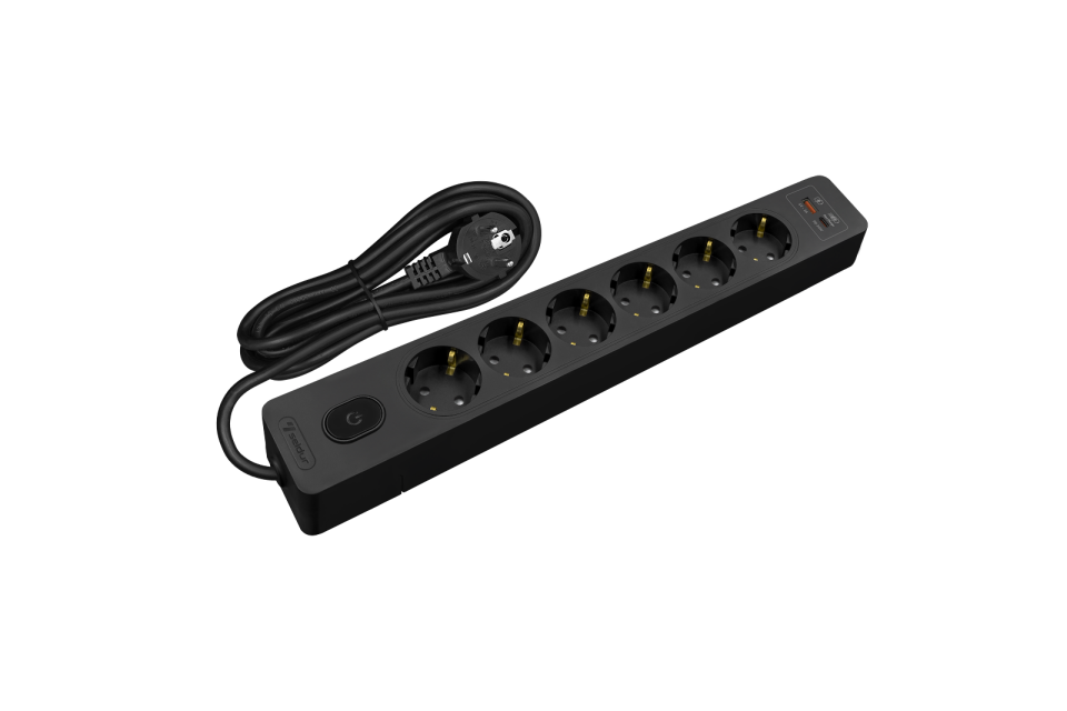 Altılı Anahtarlı USB Hızlı Şarjlı (20W) Topraklı Priz, 5m, ÇK, Siyah